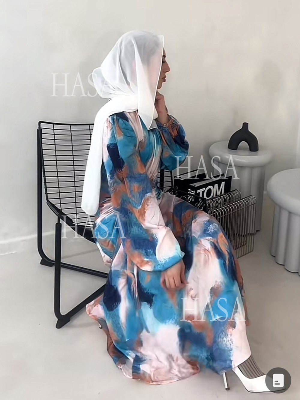 HAYA HA1228 Spring New Fashion Style Graffiti Bubble Sleeves Long Dress