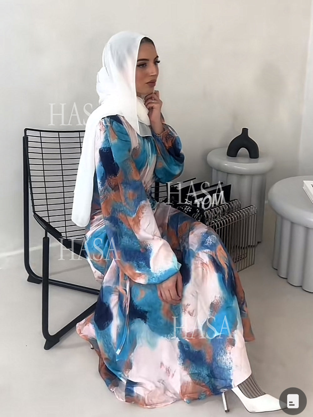 HAYA HA1228 Spring New Fashion Style Graffiti Bubble Sleeves Long Dress