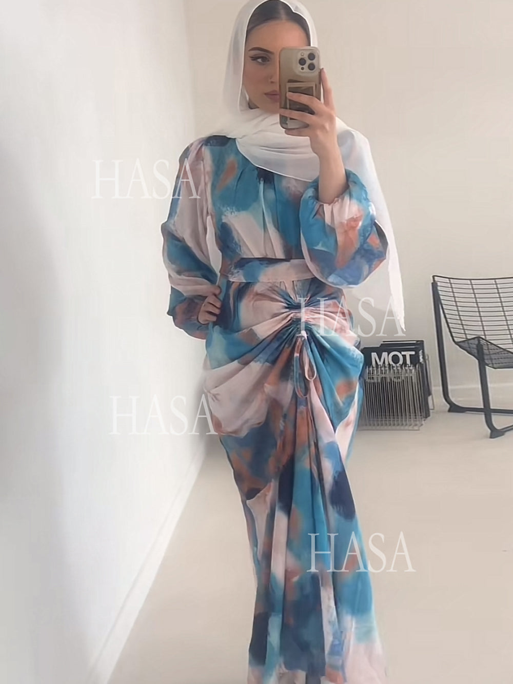 HAYA HA1228 Spring New Fashion Style Graffiti Bubble Sleeves Long Dress