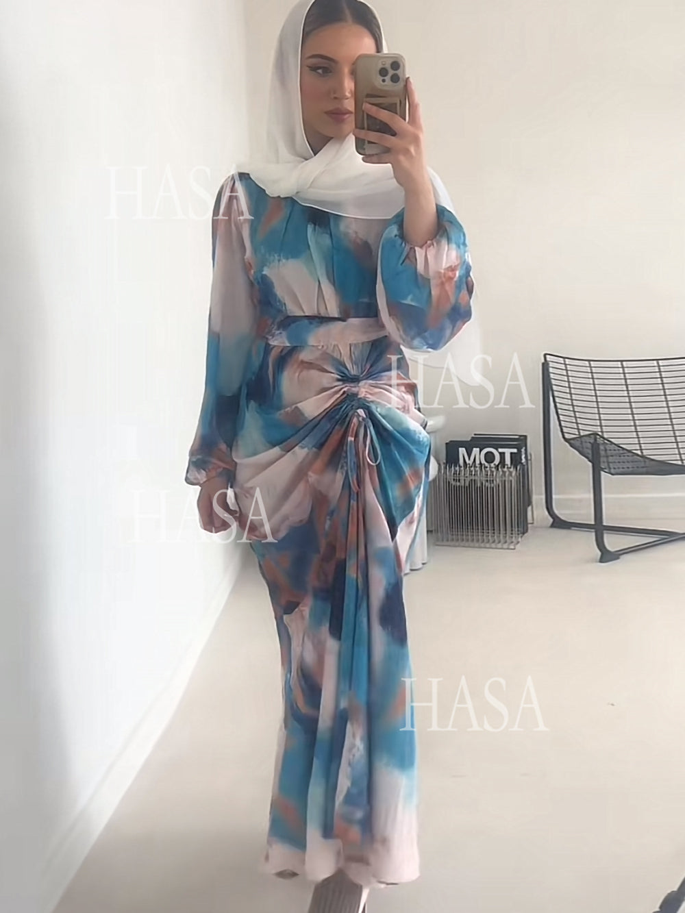 HAYA HA1228 Spring New Fashion Style Graffiti Bubble Sleeves Long Dress