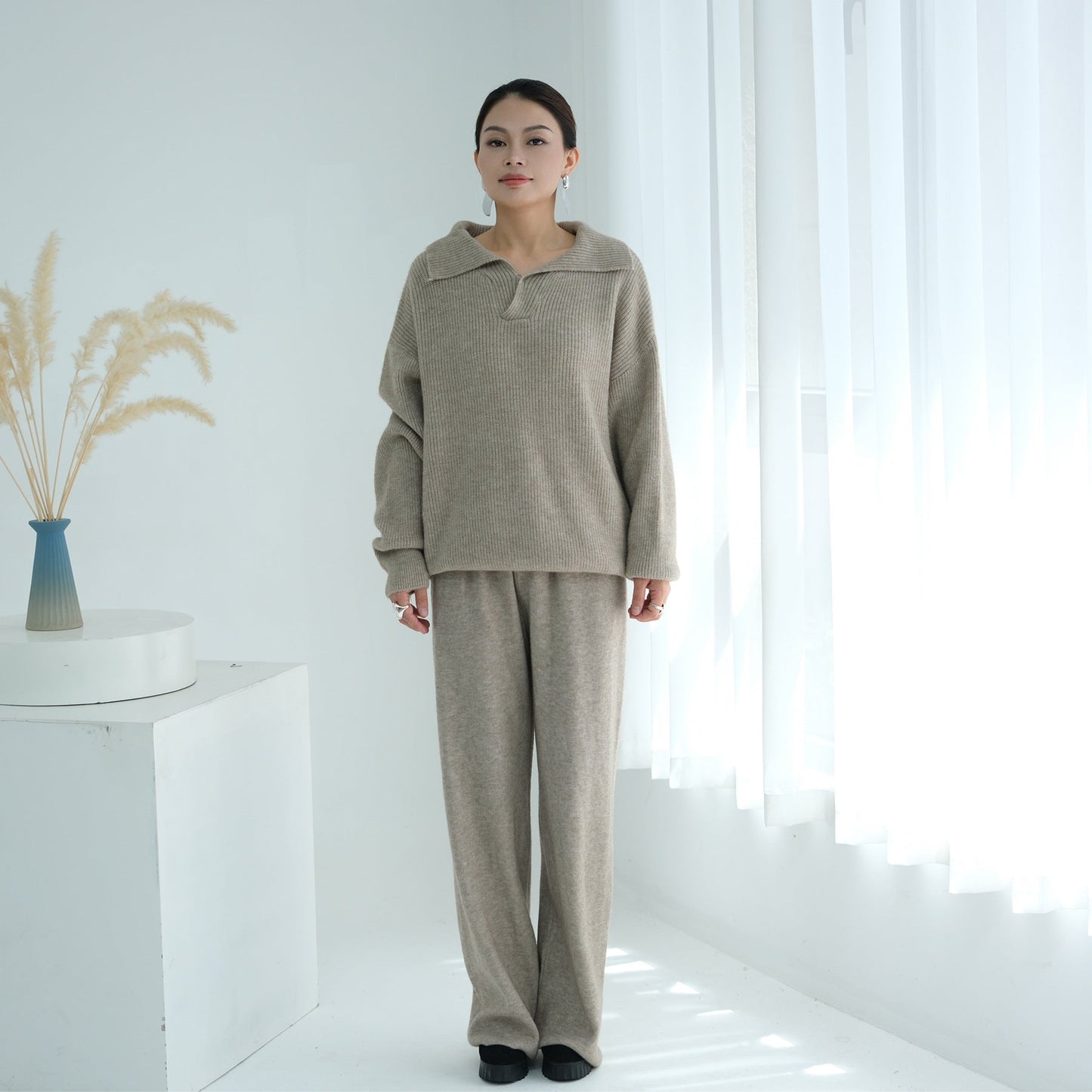 LM6594 Autumn and Winter Thickened Knitted Suit | Simple Solid Color Two-piece Suit
