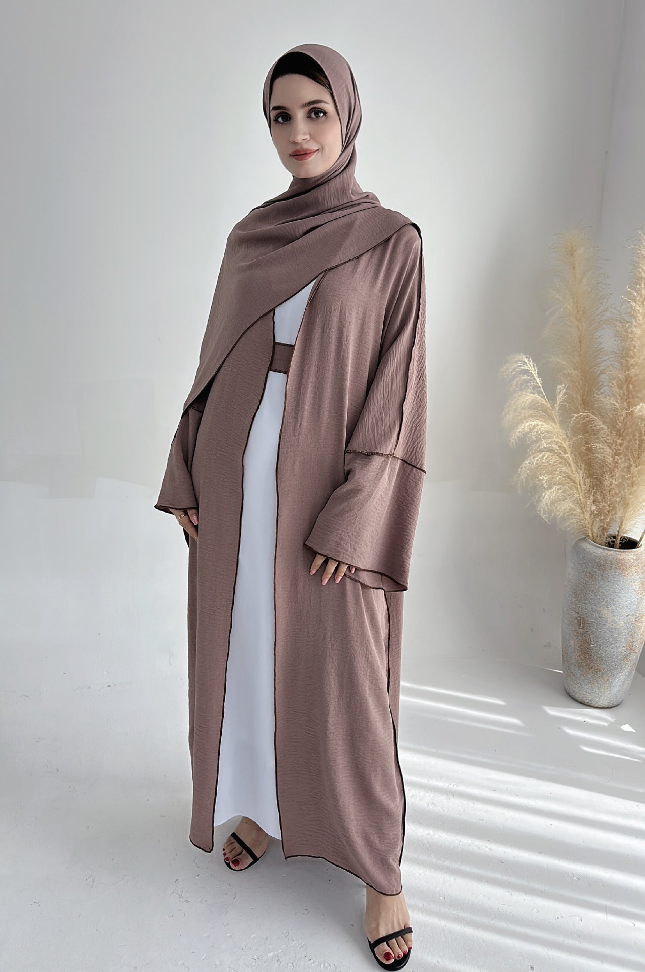 LMSA LM1246H 2 PCS SET Crepe Solid Color Loose Hem Cardigan Robe with Hijab