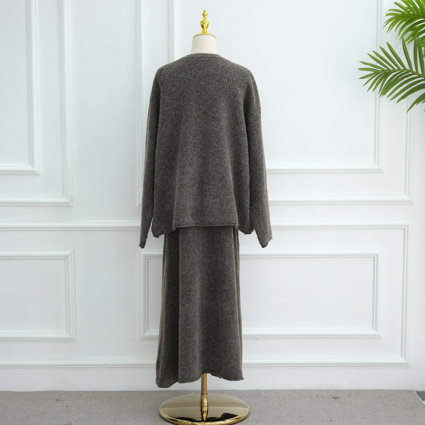LM6596 Autumn and winter thickened knitted three-piece suit (excluding headscarf) vest + cardigan + skirt