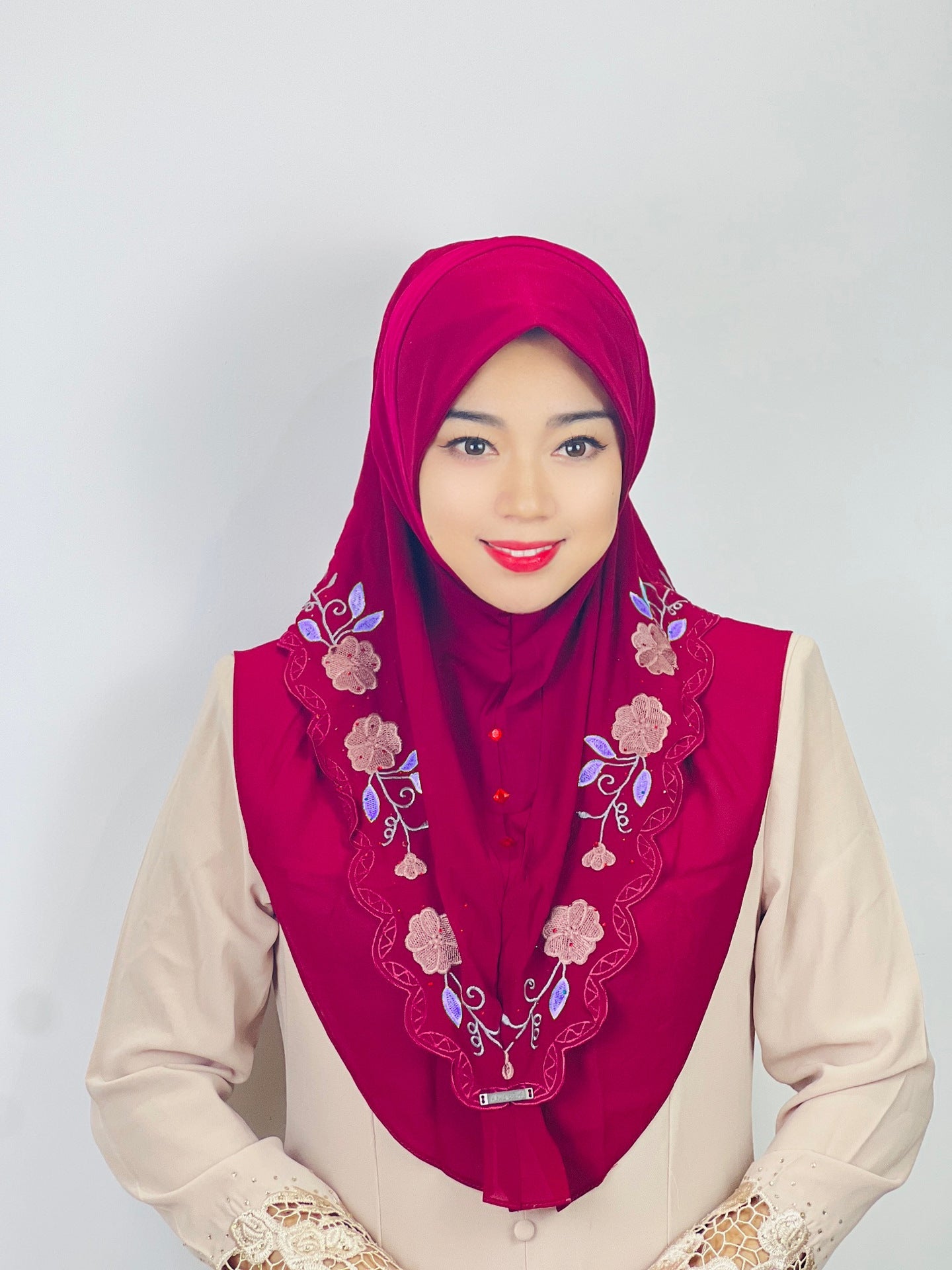 LUMAYA LM1105 Double Layered Floral Embroidered Lace Headscarf for Women