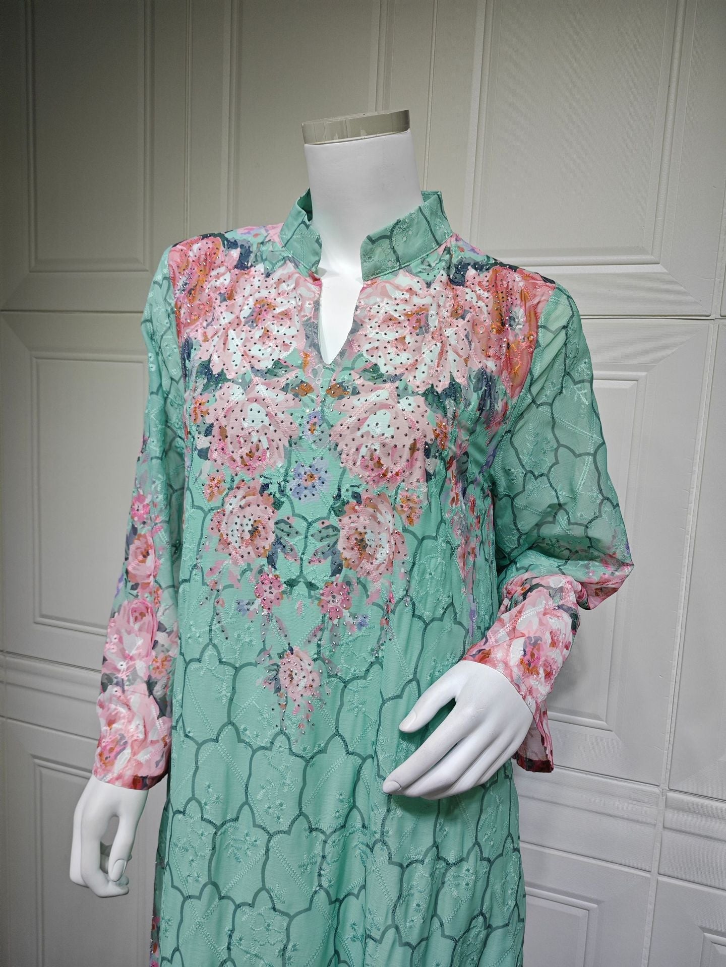 LM6636 Floral Print Embroidered Long Dress