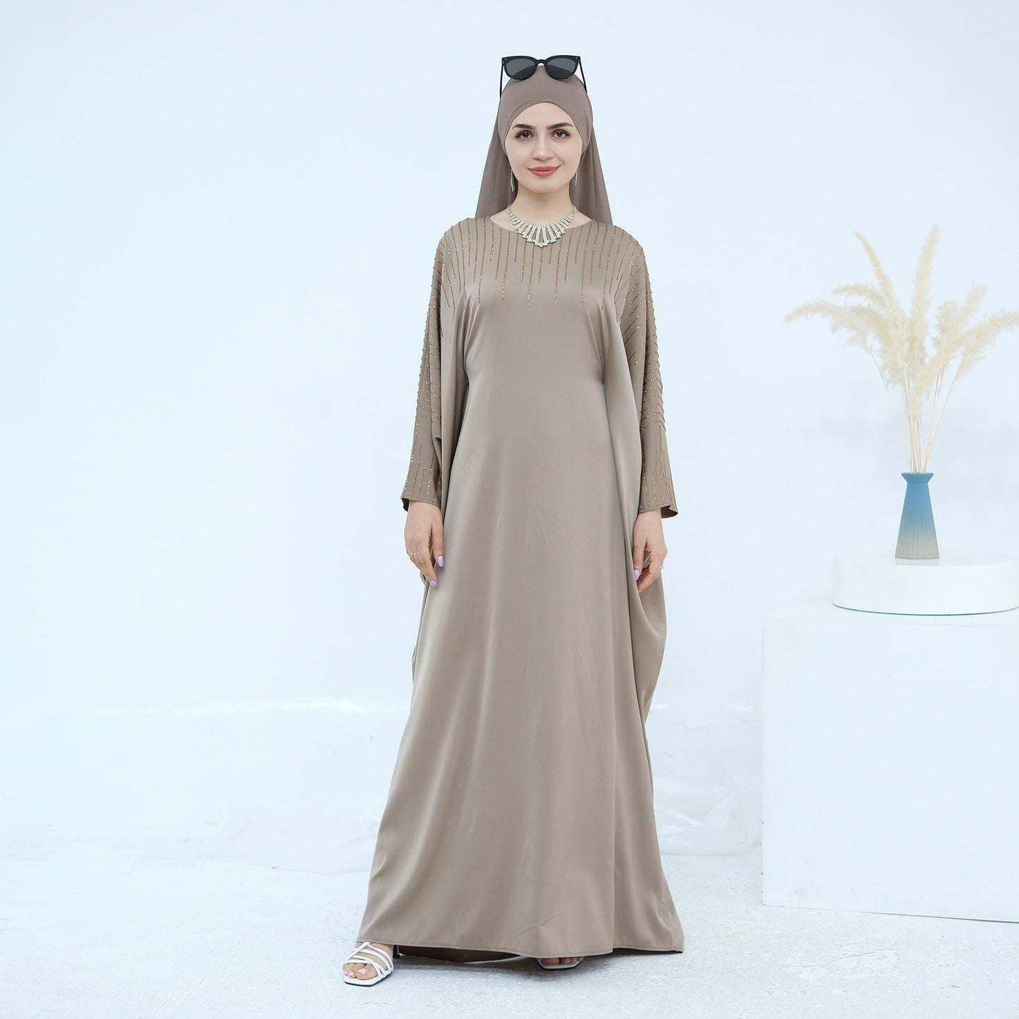 LM6610 Rhinestone-embellished long Abaya dress (headscarf not included)
