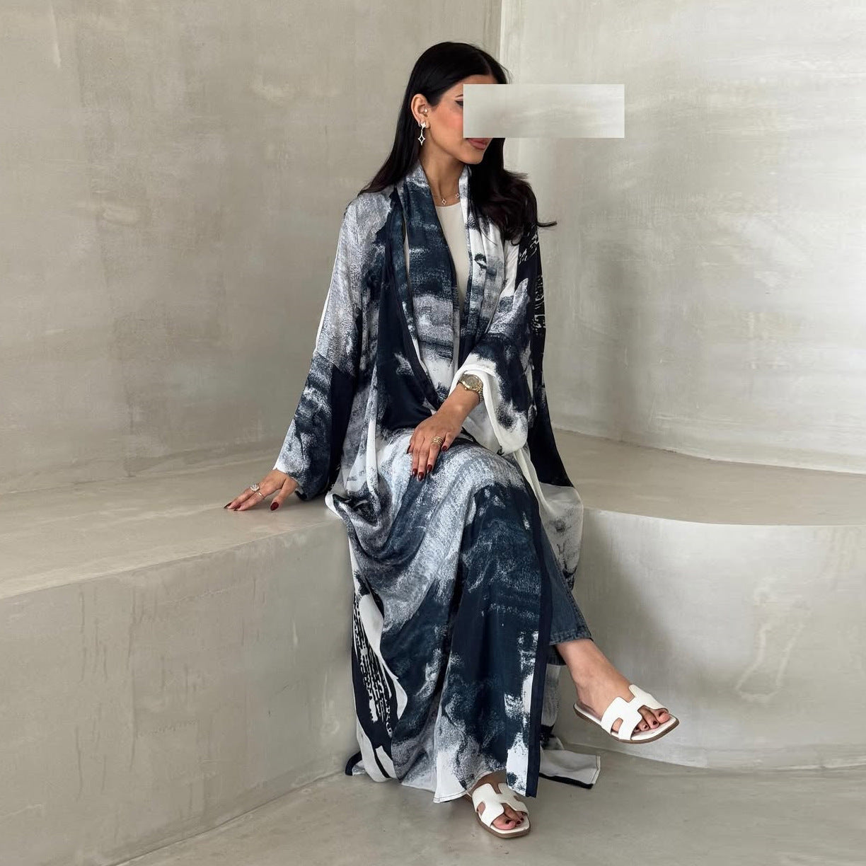 LM6638 Chiffon Printed Cardigan Two-piece Long Coat with Headscarf