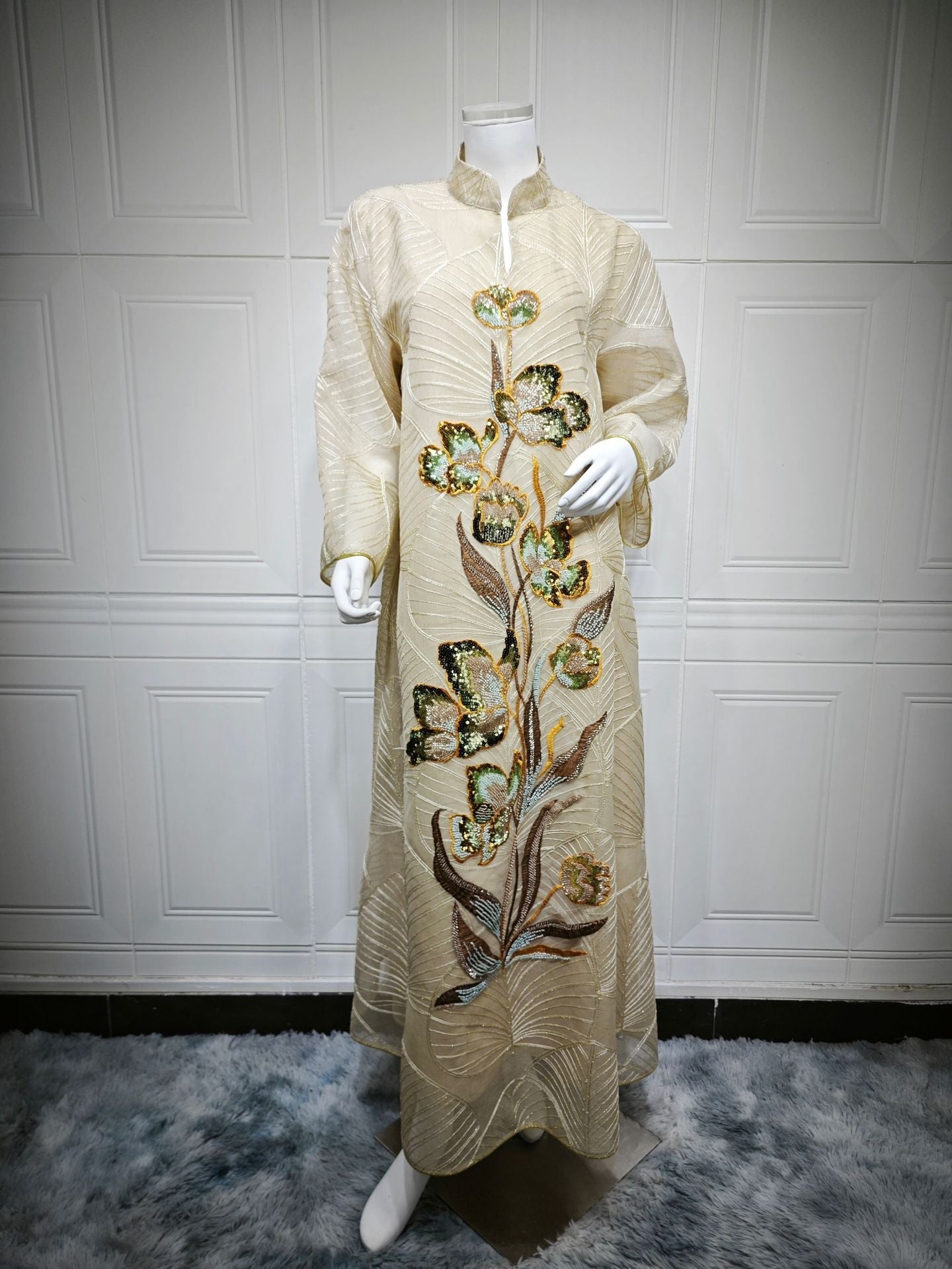LM6657 Women's Long Robe Dress with Mesh Embroidery
