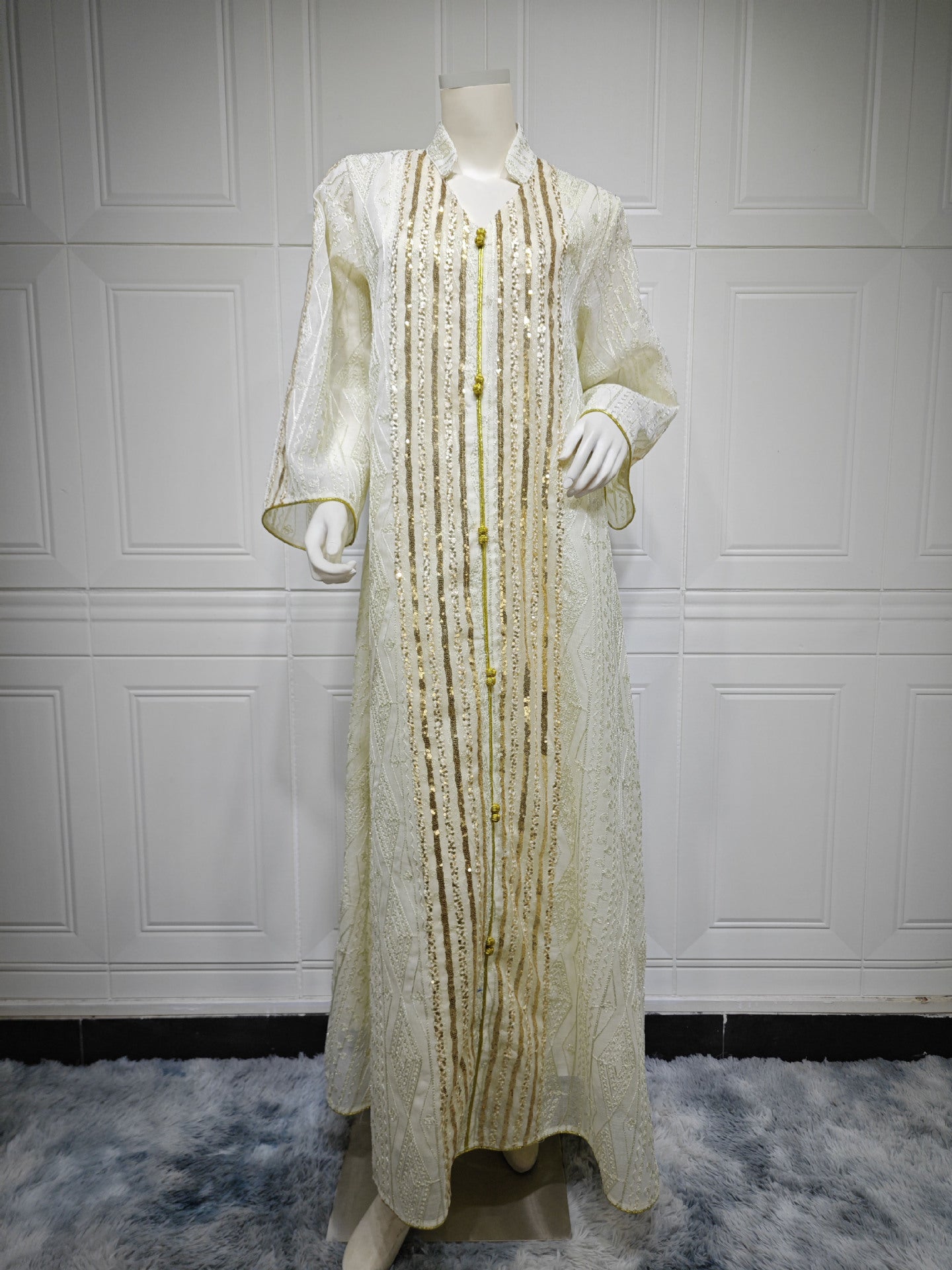 LM6662 Mesh embroidery sequin patchwork long-sleeved dress, loose robe style