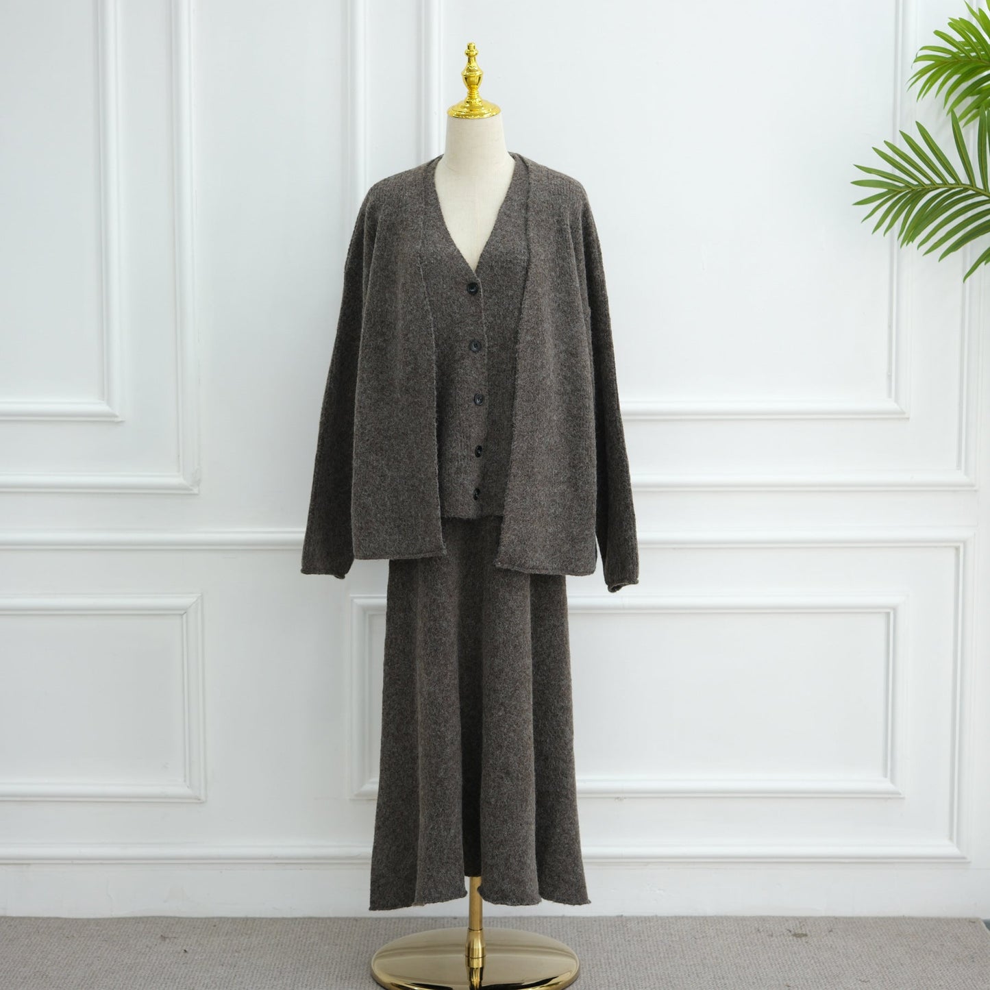 LM6596 Autumn and winter thickened knitted three-piece suit (excluding headscarf) vest + cardigan + skirt