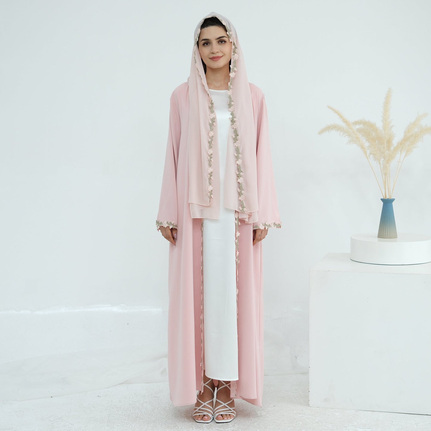 LM6618 Pink Flower Stitching Cardigan Two-Piece Set (Including Headscarf)