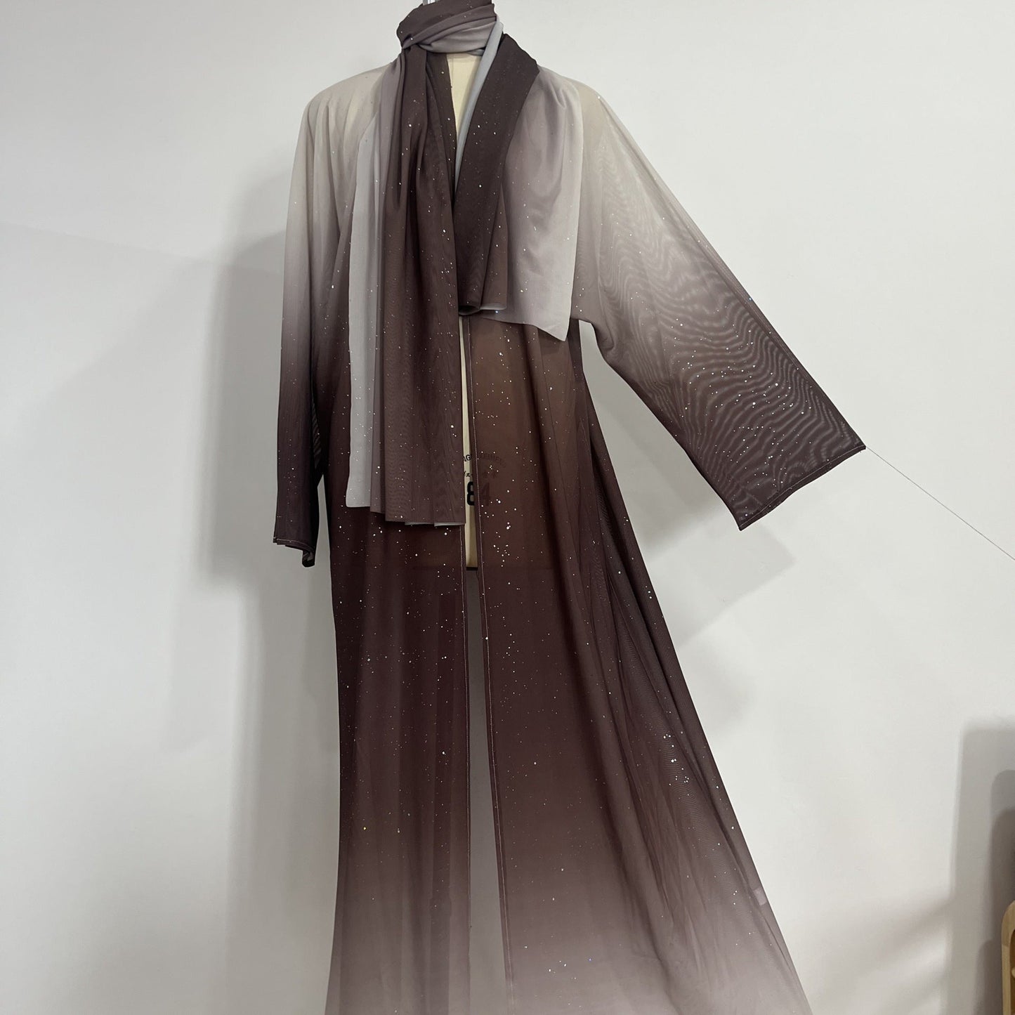 LM6617 Gradient Color Long Cardigan Two-Piece Set (Including Headscarf)