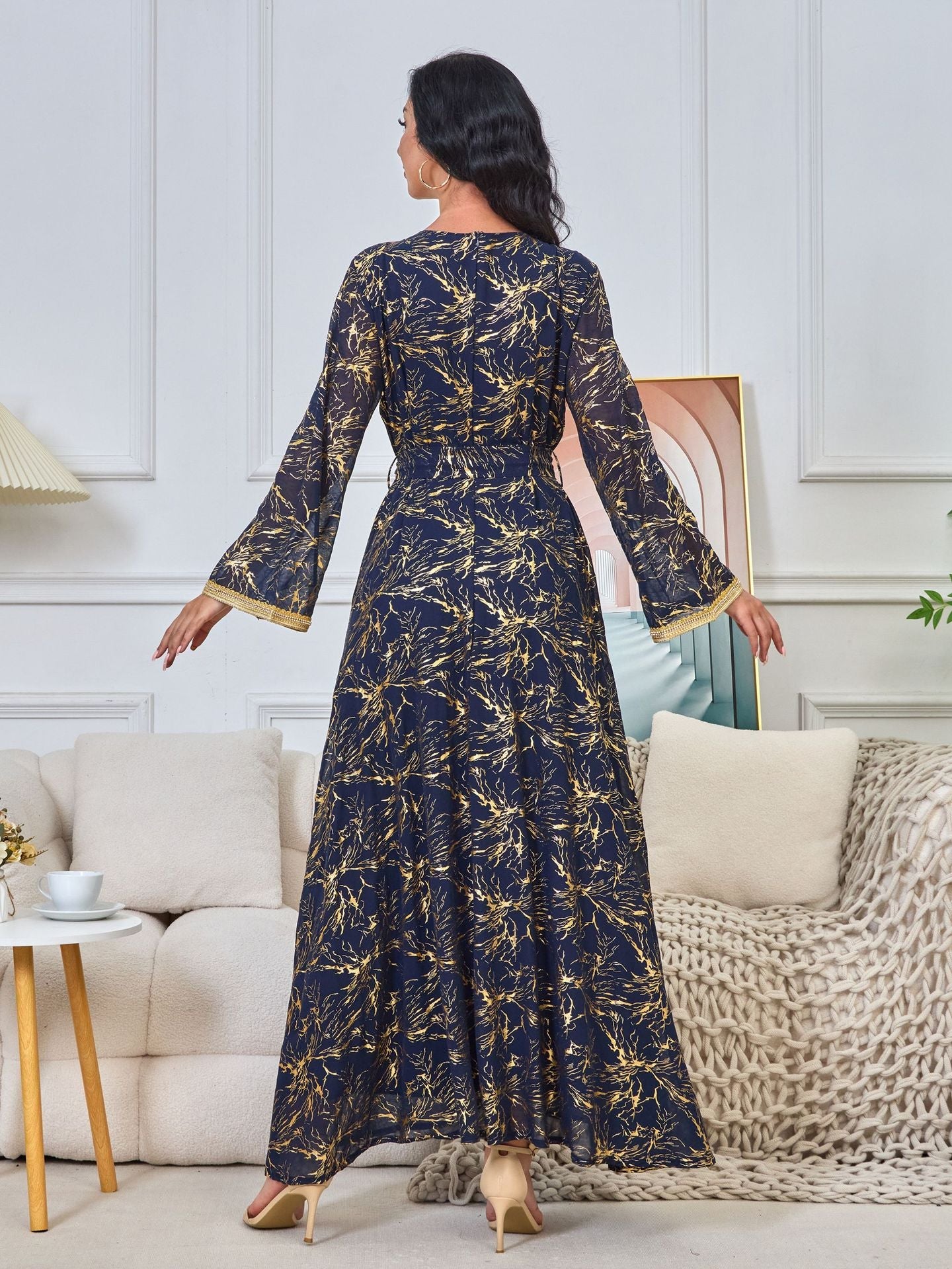 HS6731 V-neck gold-embroidered robe maxi dress