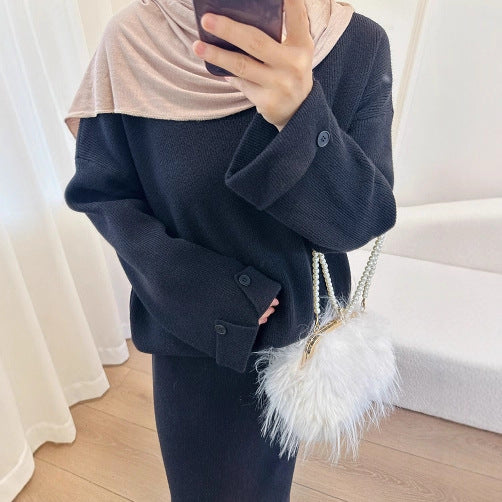 LM6597 Autumn and winter thickened knitted suit solid color two-piece suit (excluding headscarf) top + skirt