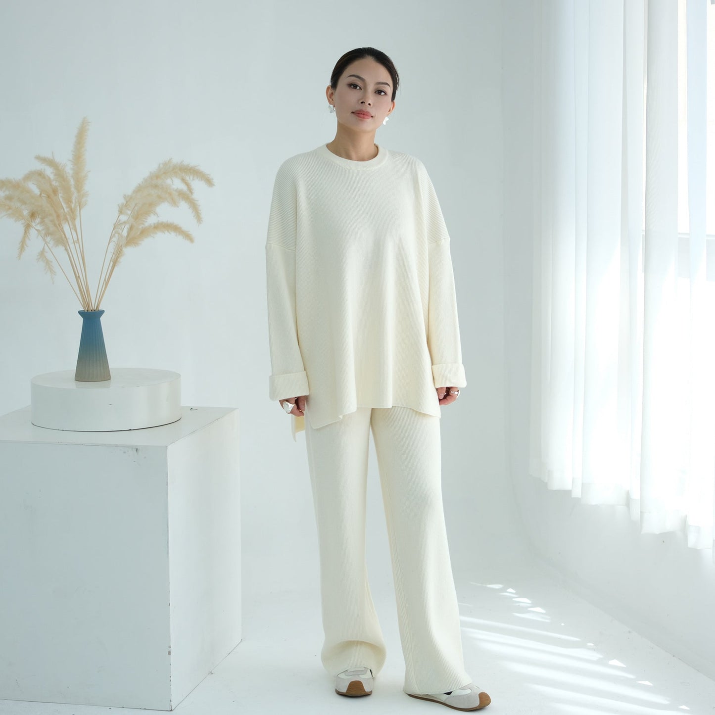 LM6599 Autumn and Winter Thickened Knitted Suit Solid Color Two-piece Suit (excluding Headscarf) Top + Trousers