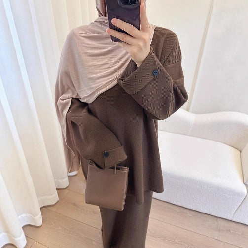 LM6597 Autumn and winter thickened knitted suit solid color two-piece suit (excluding headscarf) top + skirt