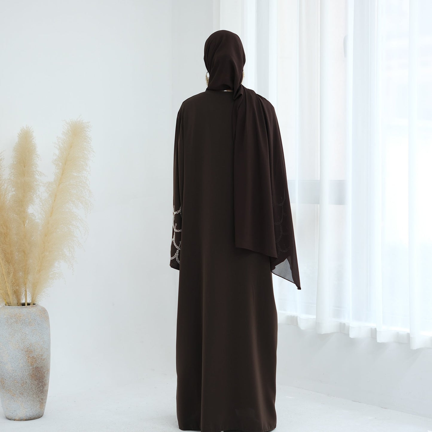 LM6608 Solid Color LMnd-beaded Long Cardigan (headscarf Not Included)