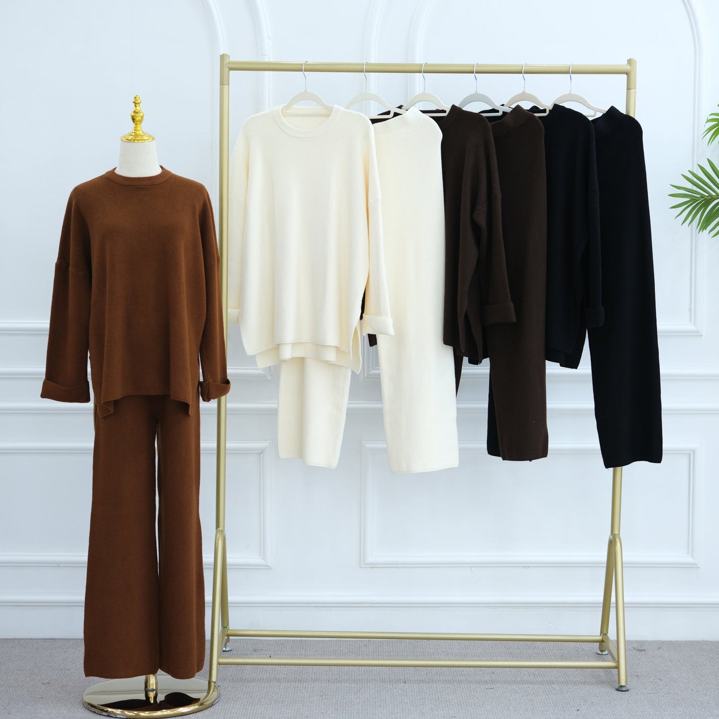 LM6599 Autumn and Winter Thickened Knitted Suit Solid Color Two-piece Suit (excluding Headscarf) Top + Trousers