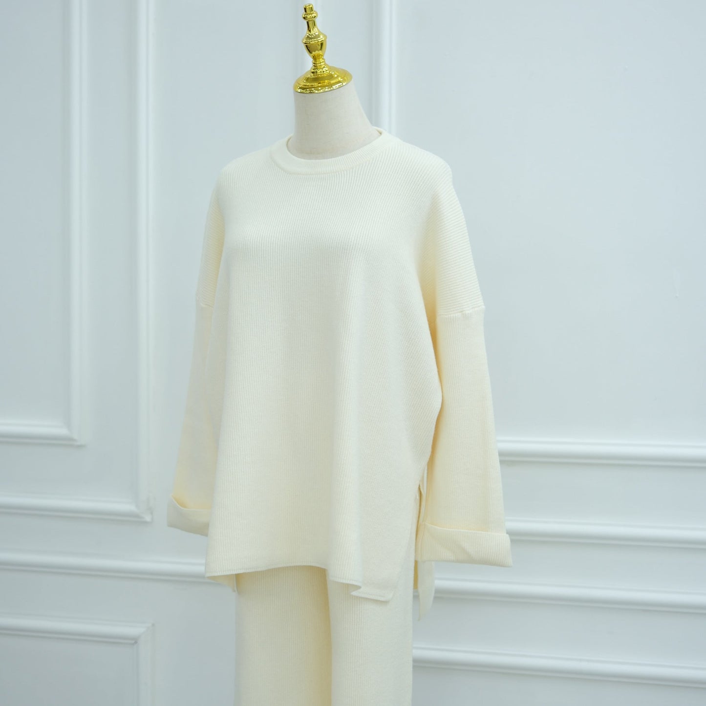 LM6599 Autumn and Winter Thickened Knitted Suit Solid Color Two-piece Suit (excluding Headscarf) Top + Trousers