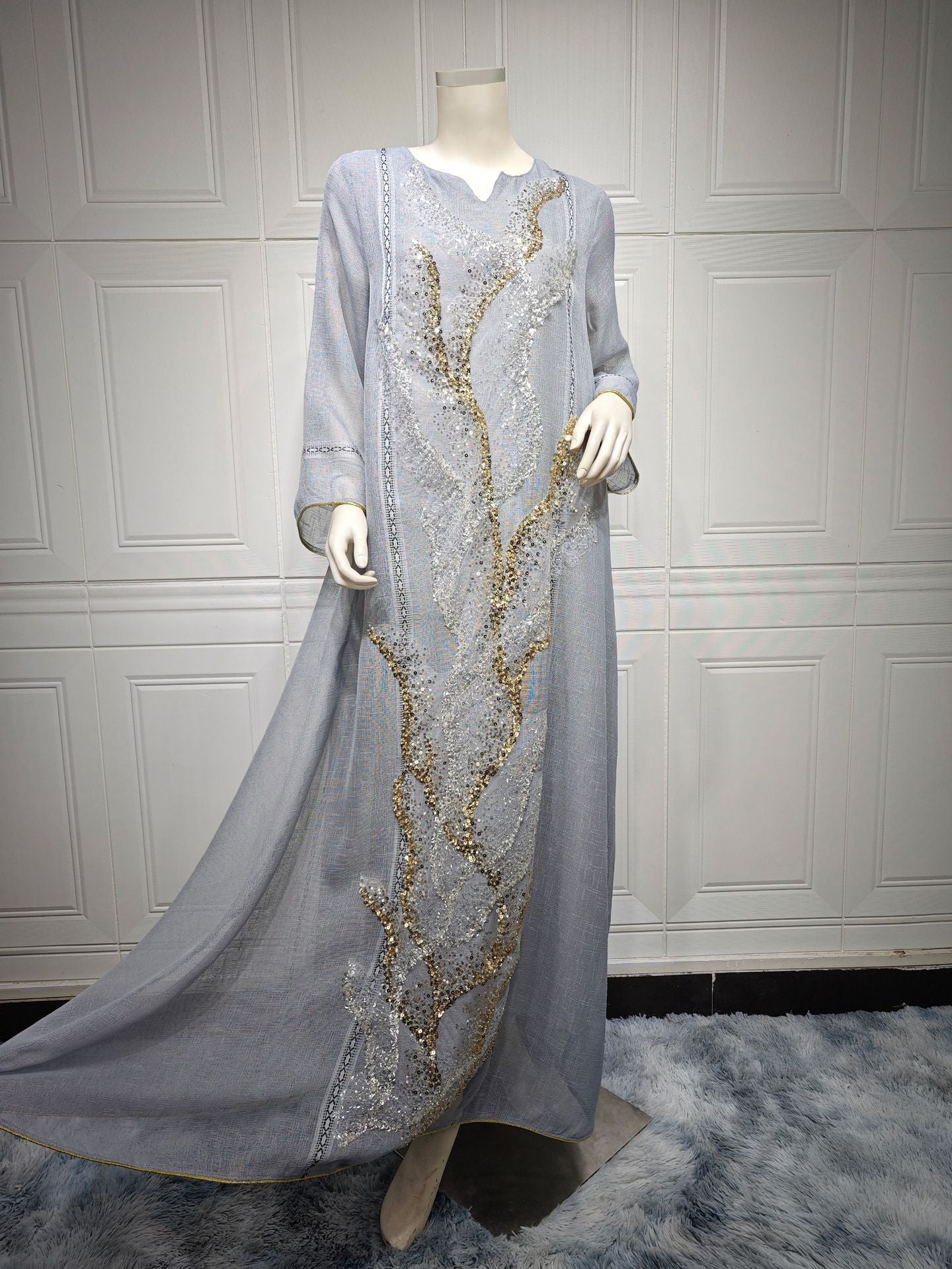 LM6637  Mesh Sequined Embroidered Long Dress