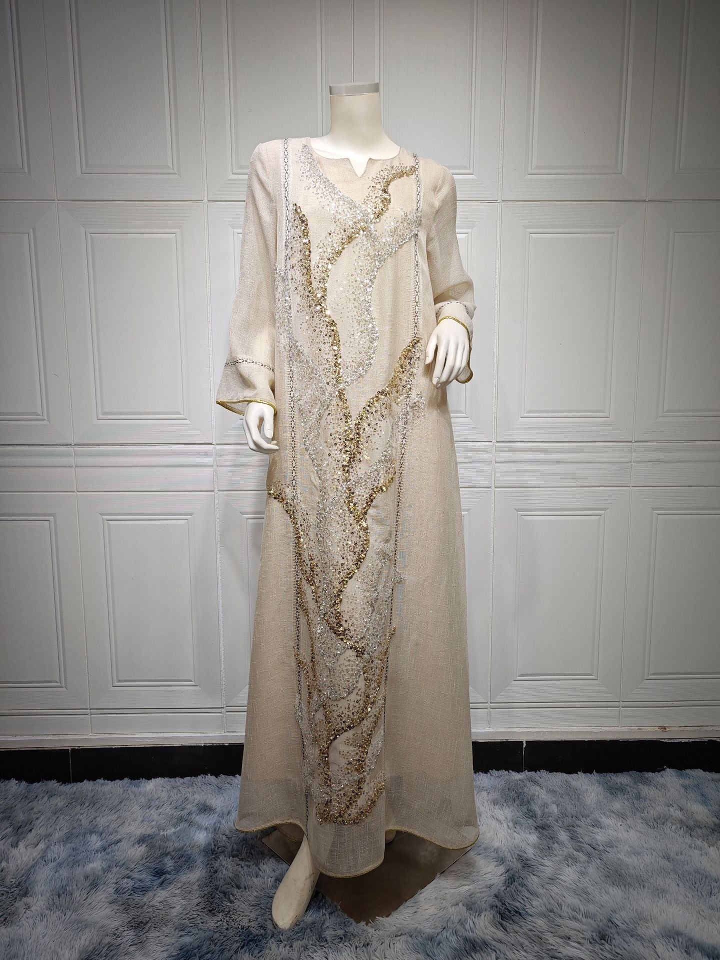 LM6637  Mesh Sequined Embroidered Long Dress