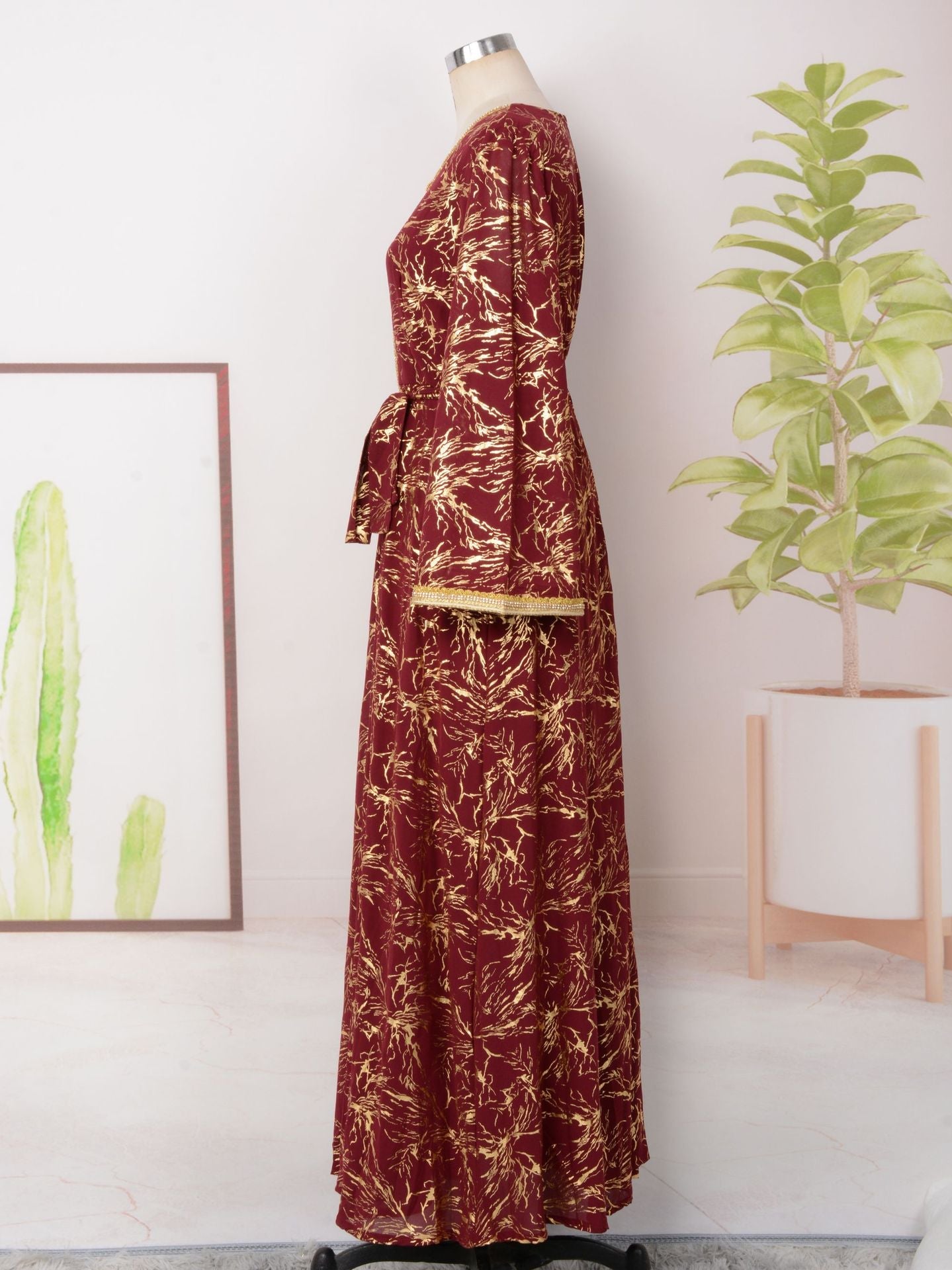 HS6731 V-neck gold-embroidered robe maxi dress