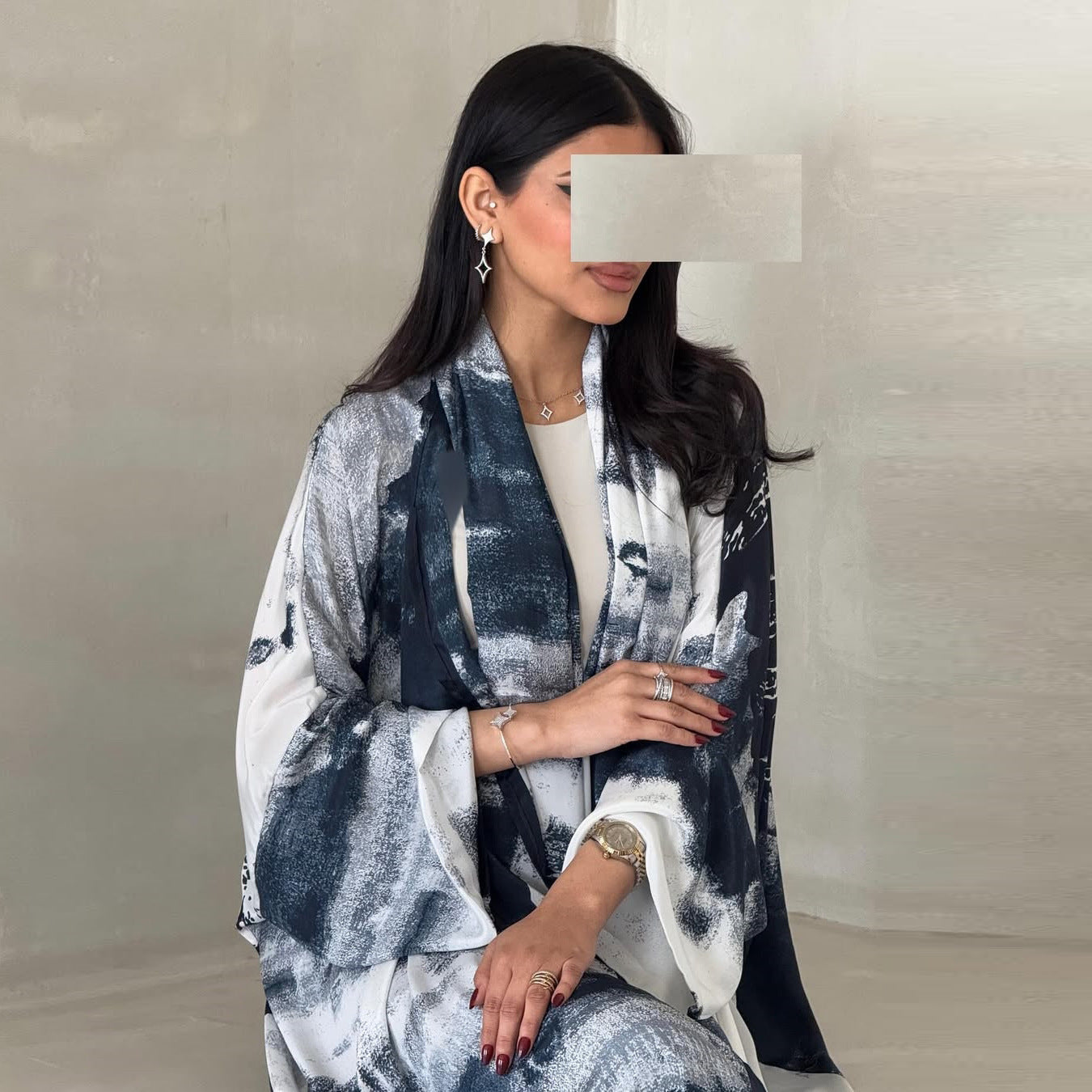 LM6638 Chiffon Printed Cardigan Two-piece Long Coat with Headscarf