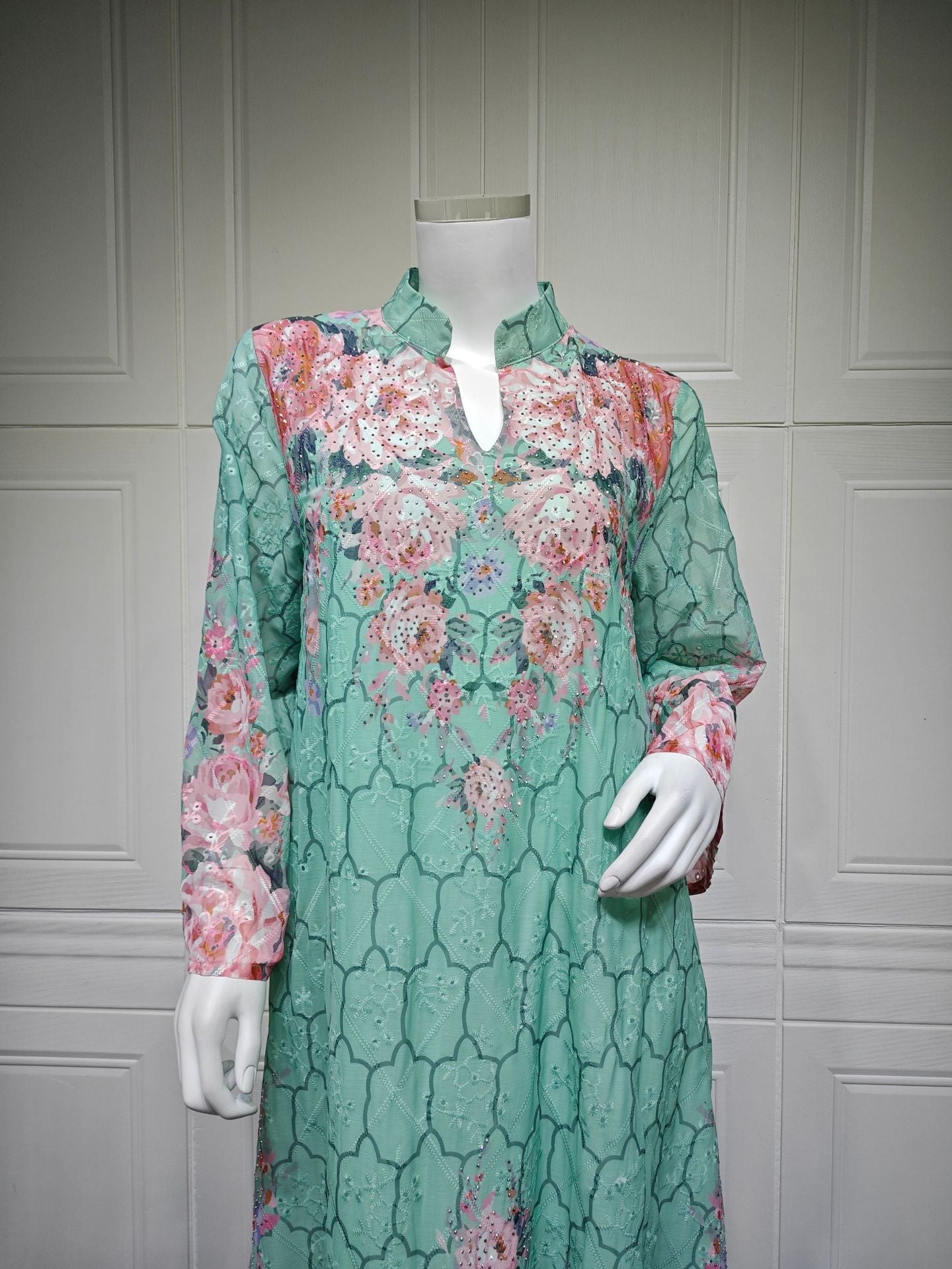 LM6636 Floral Print Embroidered Long Dress