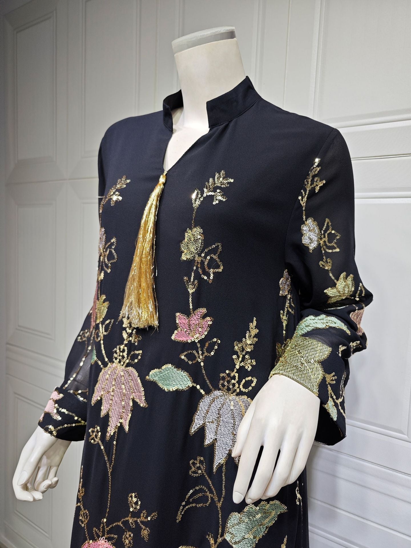 LM6649 Sequined Embroidered Tassel Long Robe, Elegant and Sophisticated Dress