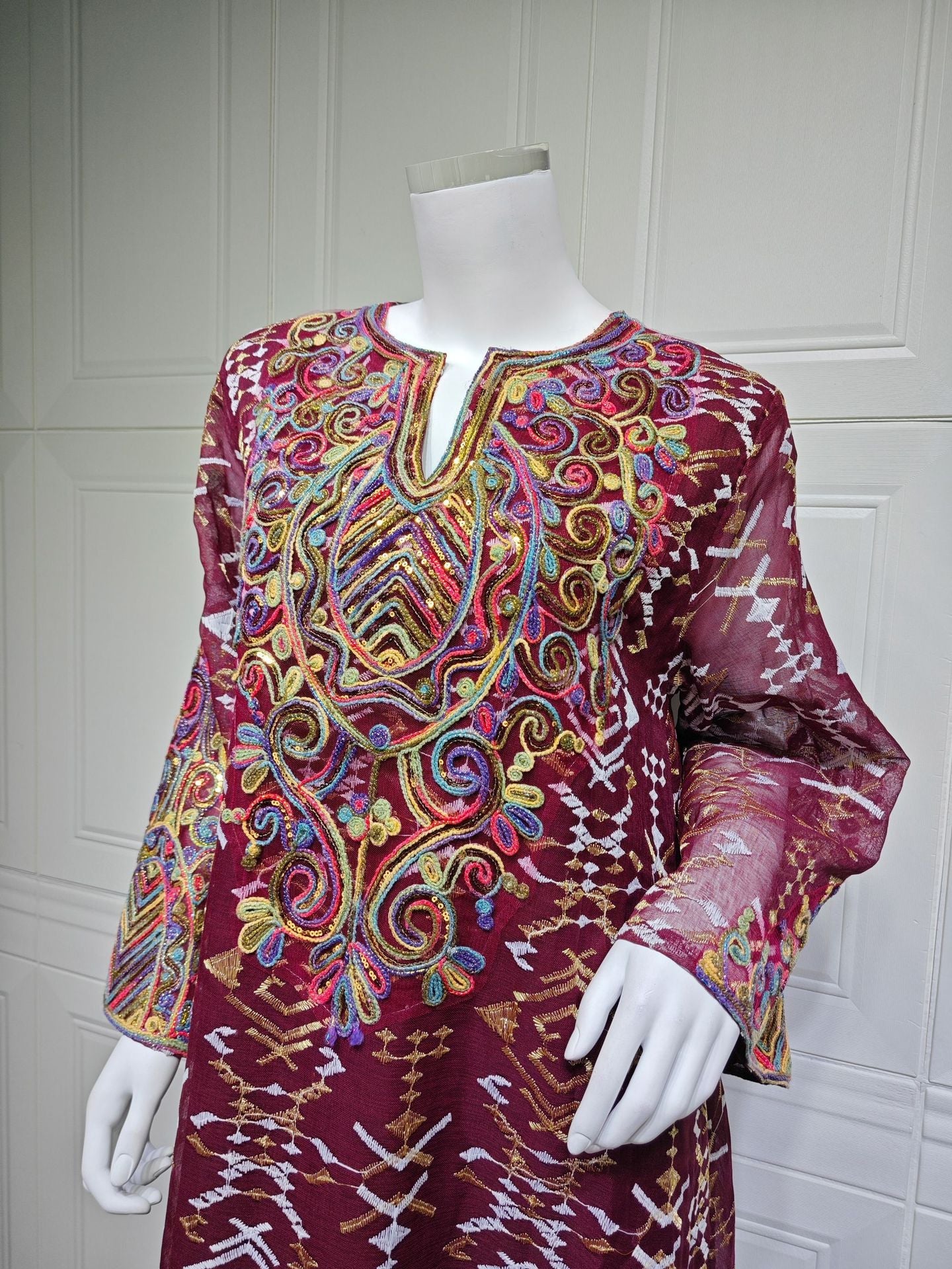 LM6663 Mesh Embroidery Patchwork Long-sleeved Dress, Robe-style Loose Fit
