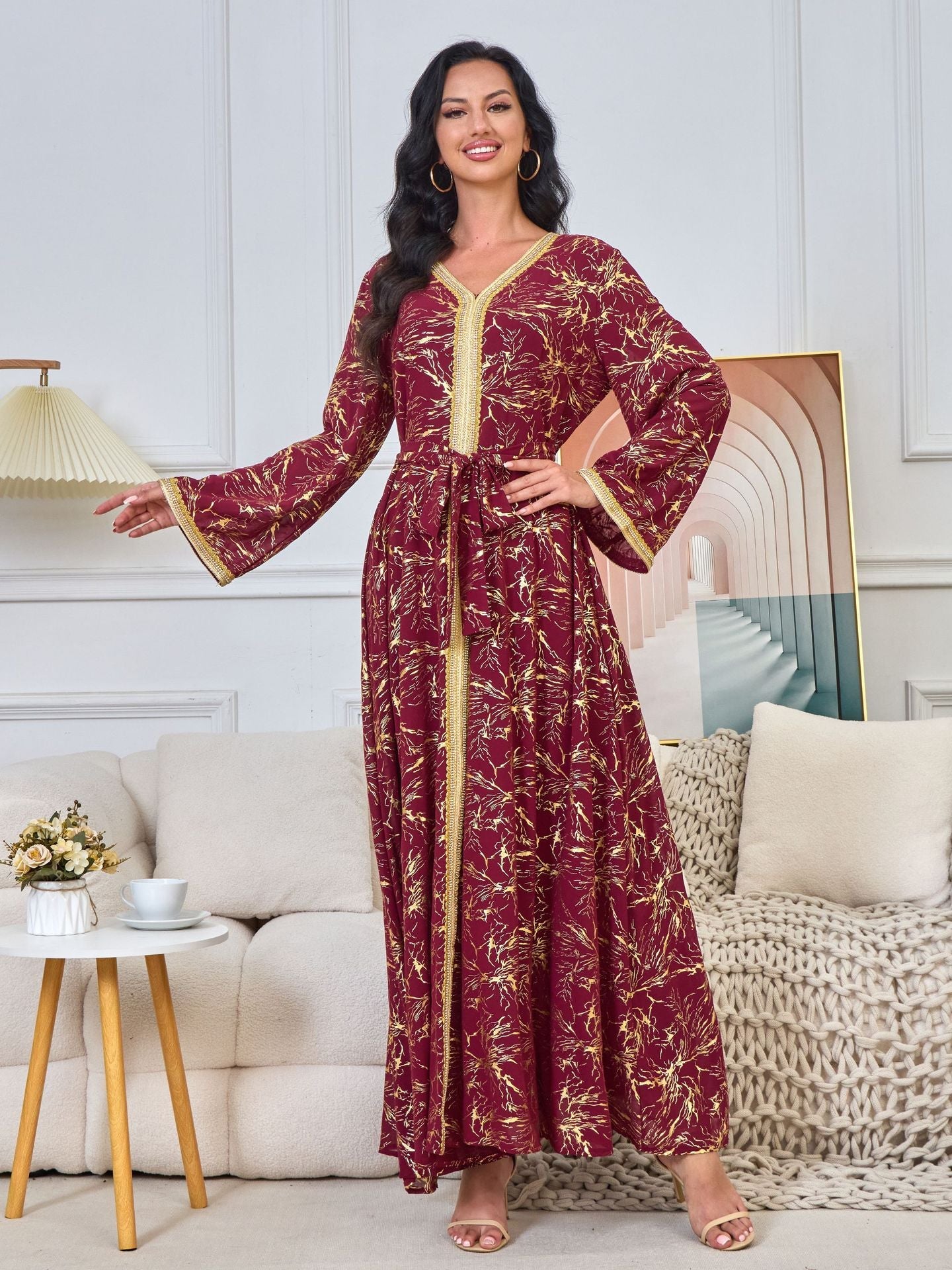 HS6731 V-neck gold-embroidered robe maxi dress