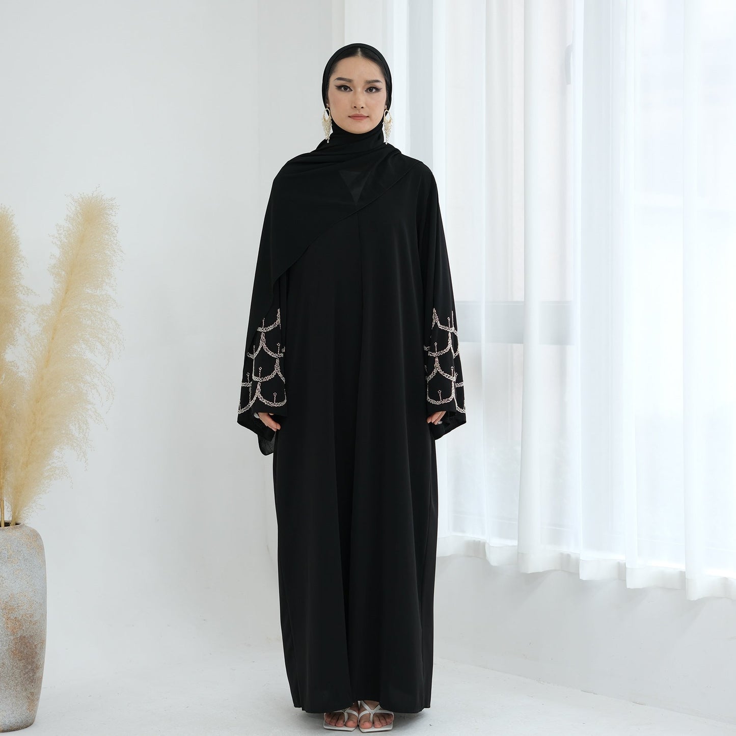LM6608 Solid Color LMnd-beaded Long Cardigan (headscarf Not Included)