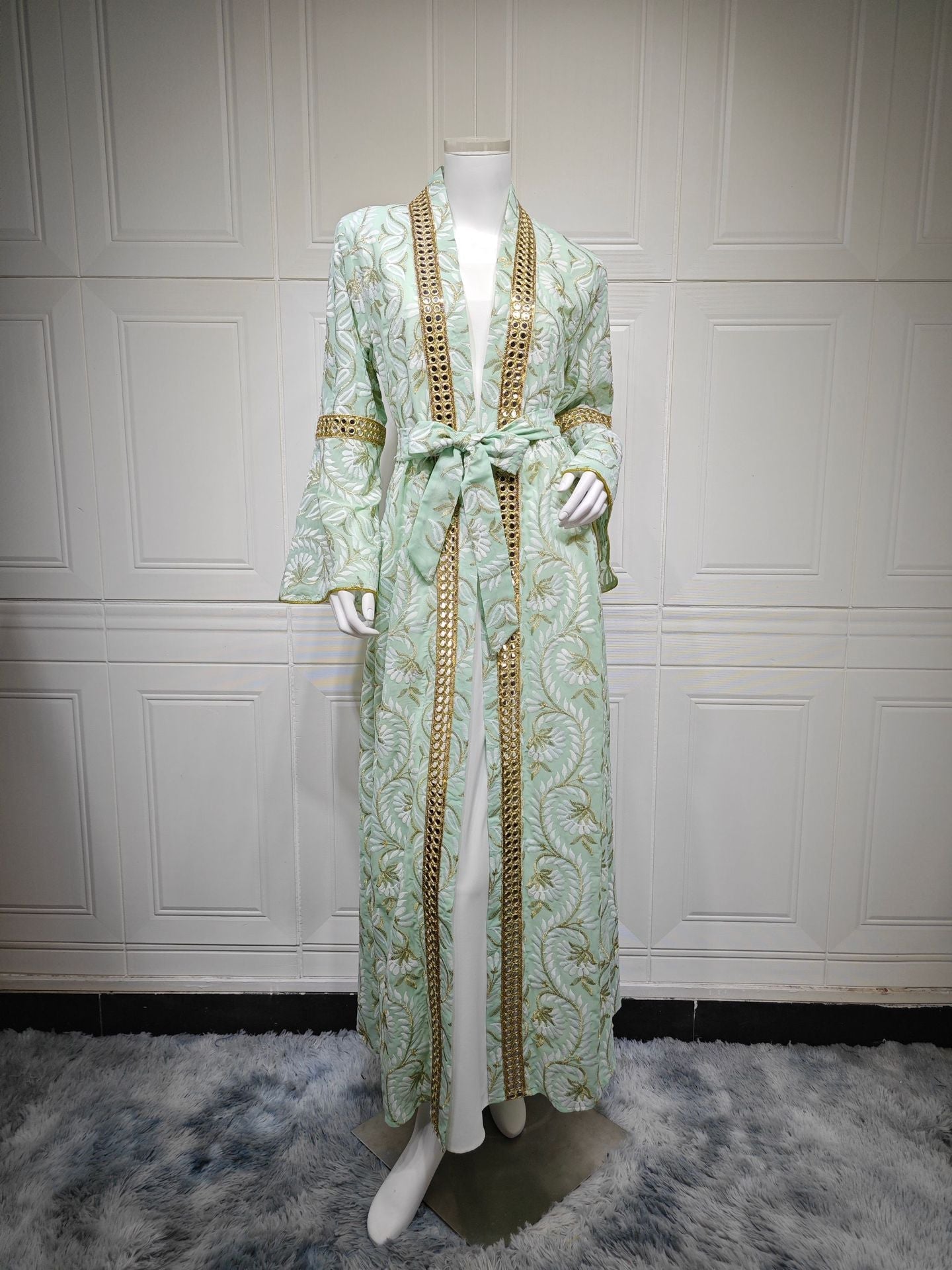 LM6664 Waist-cinching belted long dress set with lightweight printed jacket