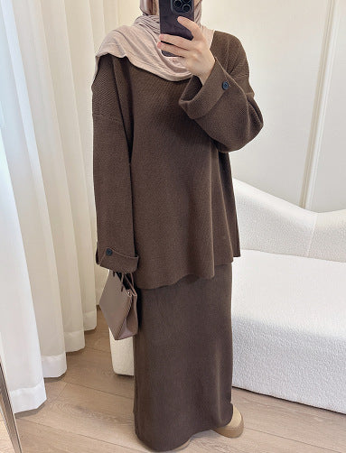 LM6597 Autumn and winter thickened knitted suit solid color two-piece suit (excluding headscarf) top + skirt