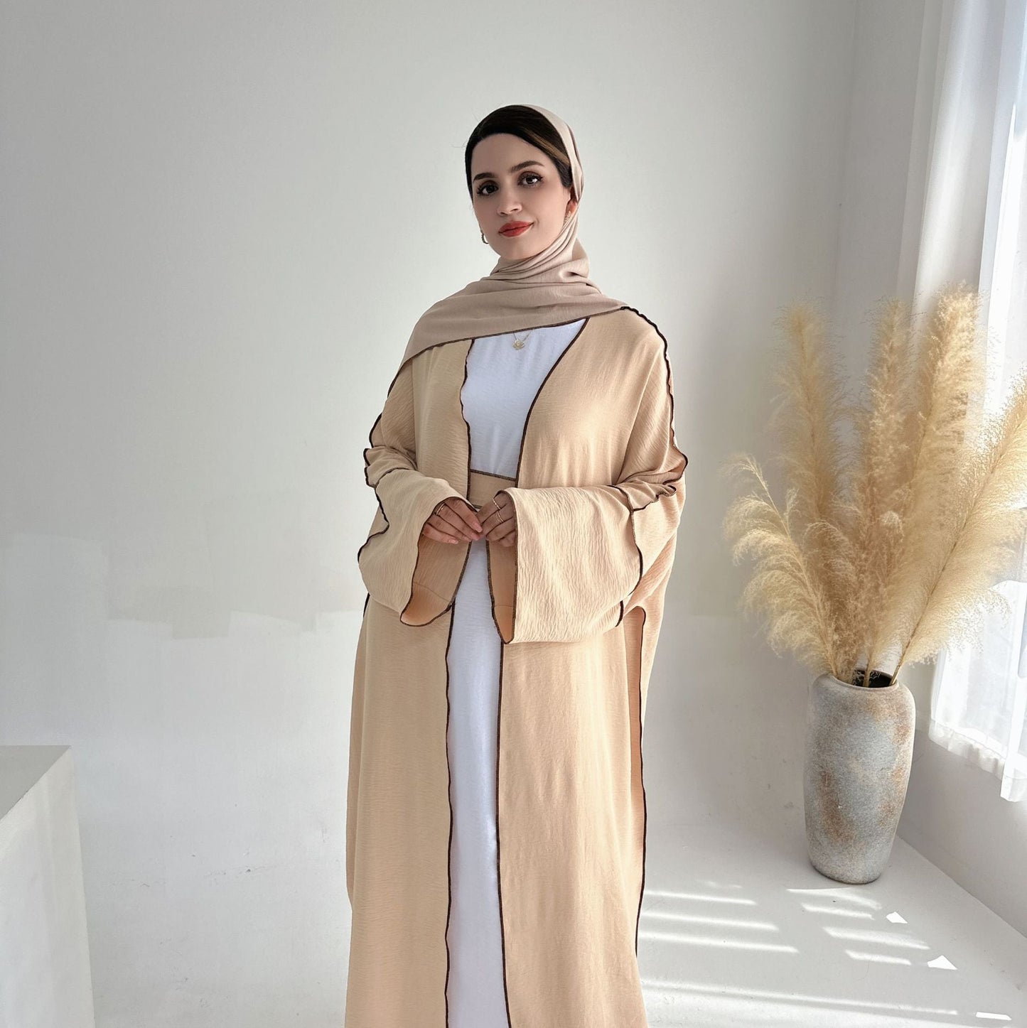 LMSA LM1246H 2 PCS SET Crepe Solid Color Loose Hem Cardigan Robe with Hijab