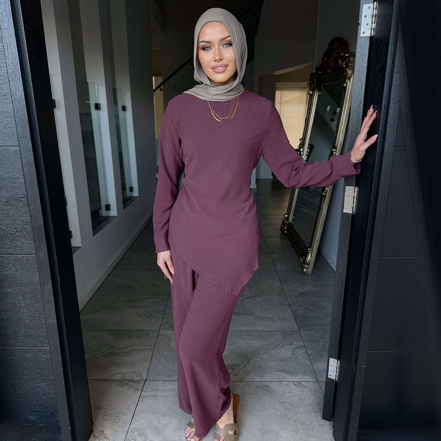 HA6614 Modest Nida Two-Piece Set with Waist Tie & Pocket Trousers
