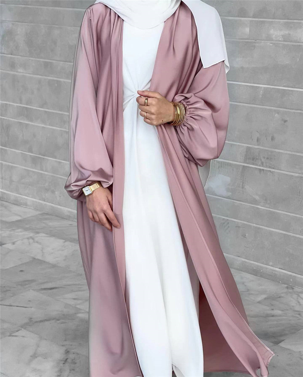 LUMAYA0481 Solid Color Satin Coat Robe Open Abaya