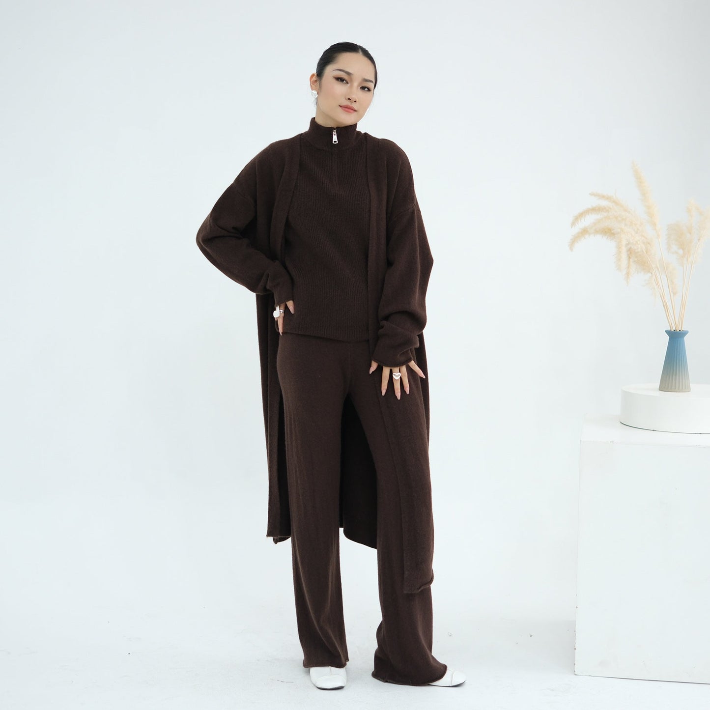 LM6603 Thickened knitted three-piece long coat set (with optional headscarf)