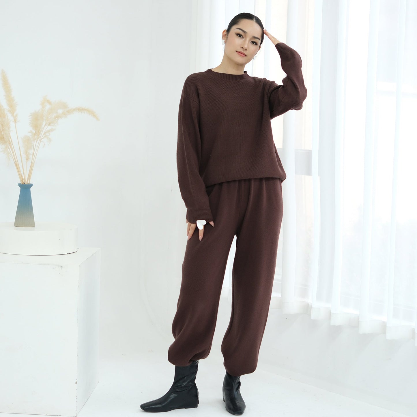 LM6595 Autumn and Winter Thickened Knitted Suit (Not Including Headscarf) | Simple Solid Color Two-Piece Suit