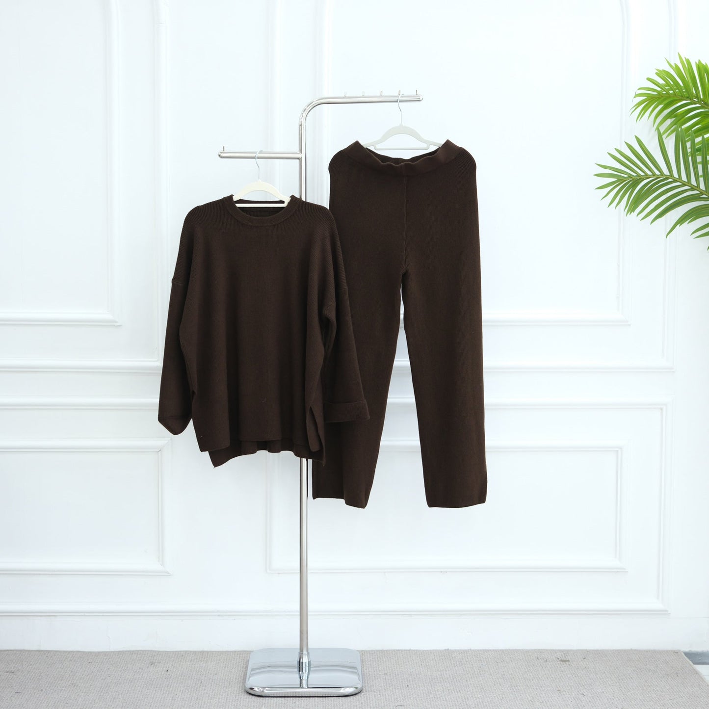 LM6599 Autumn and Winter Thickened Knitted Suit Solid Color Two-piece Suit (excluding Headscarf) Top + Trousers