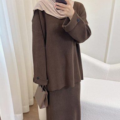 LM6597 Autumn and winter thickened knitted suit solid color two-piece suit (excluding headscarf) top + skirt