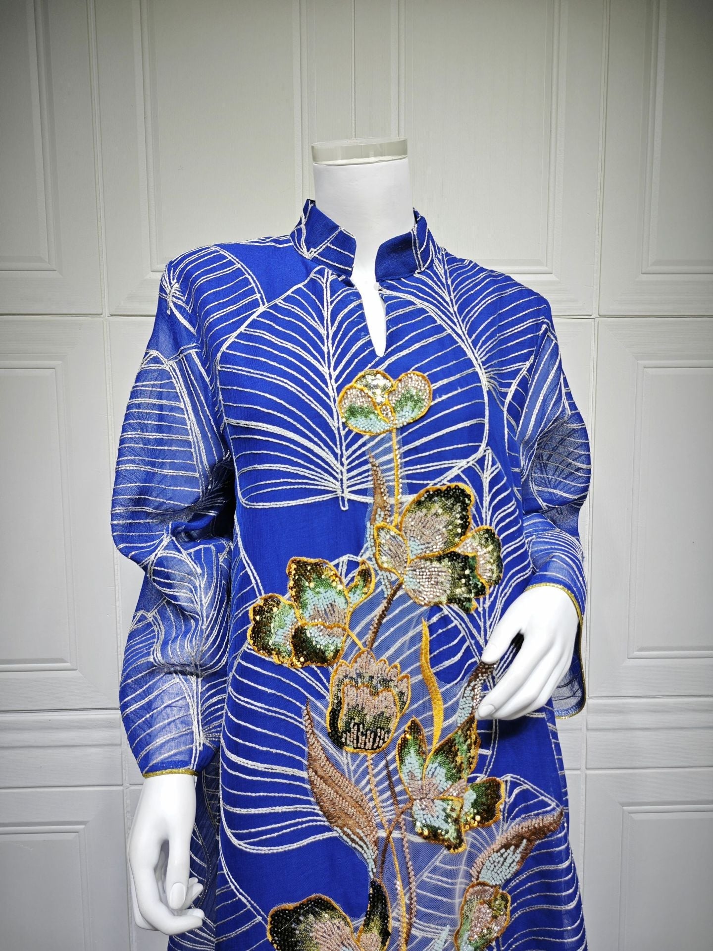 LM6657 Women's Long Robe Dress with Mesh Embroidery
