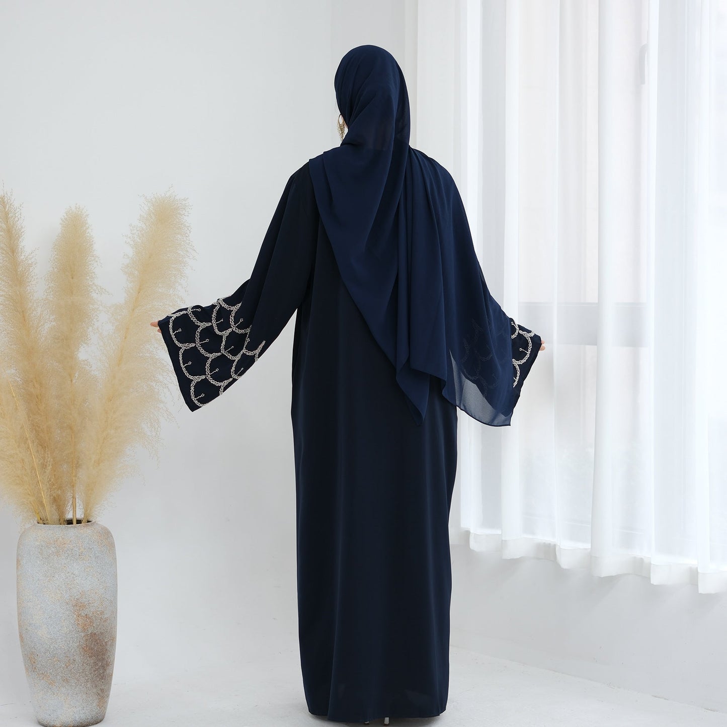 LM6608 Solid Color LMnd-beaded Long Cardigan (headscarf Not Included)