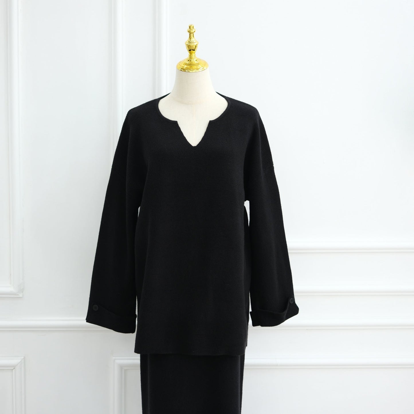 LM6597 Autumn and winter thickened knitted suit solid color two-piece suit (excluding headscarf) top + skirt