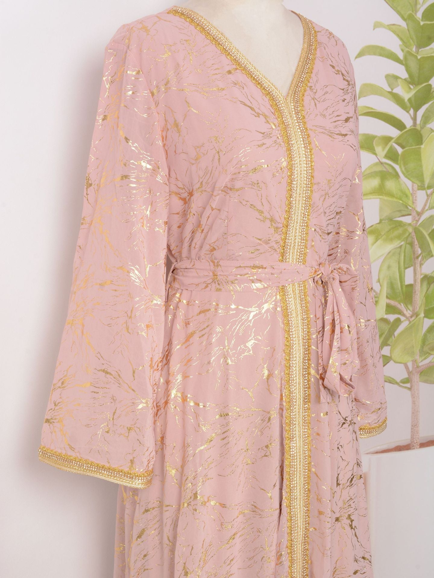 HS6731 V-neck gold-embroidered robe maxi dress