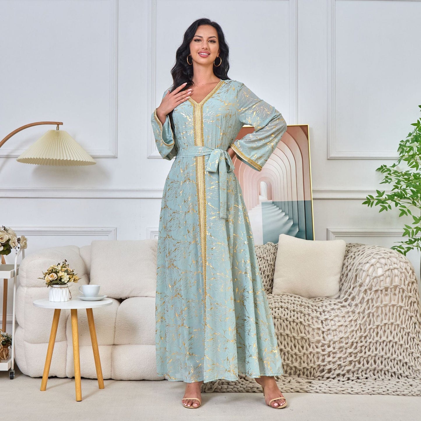 HS6731 V-neck gold-embroidered robe maxi dress
