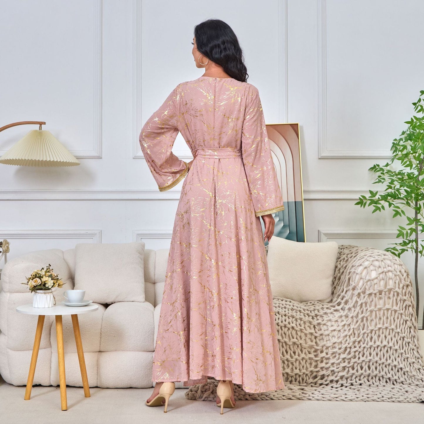 HS6731 V-neck gold-embroidered robe maxi dress