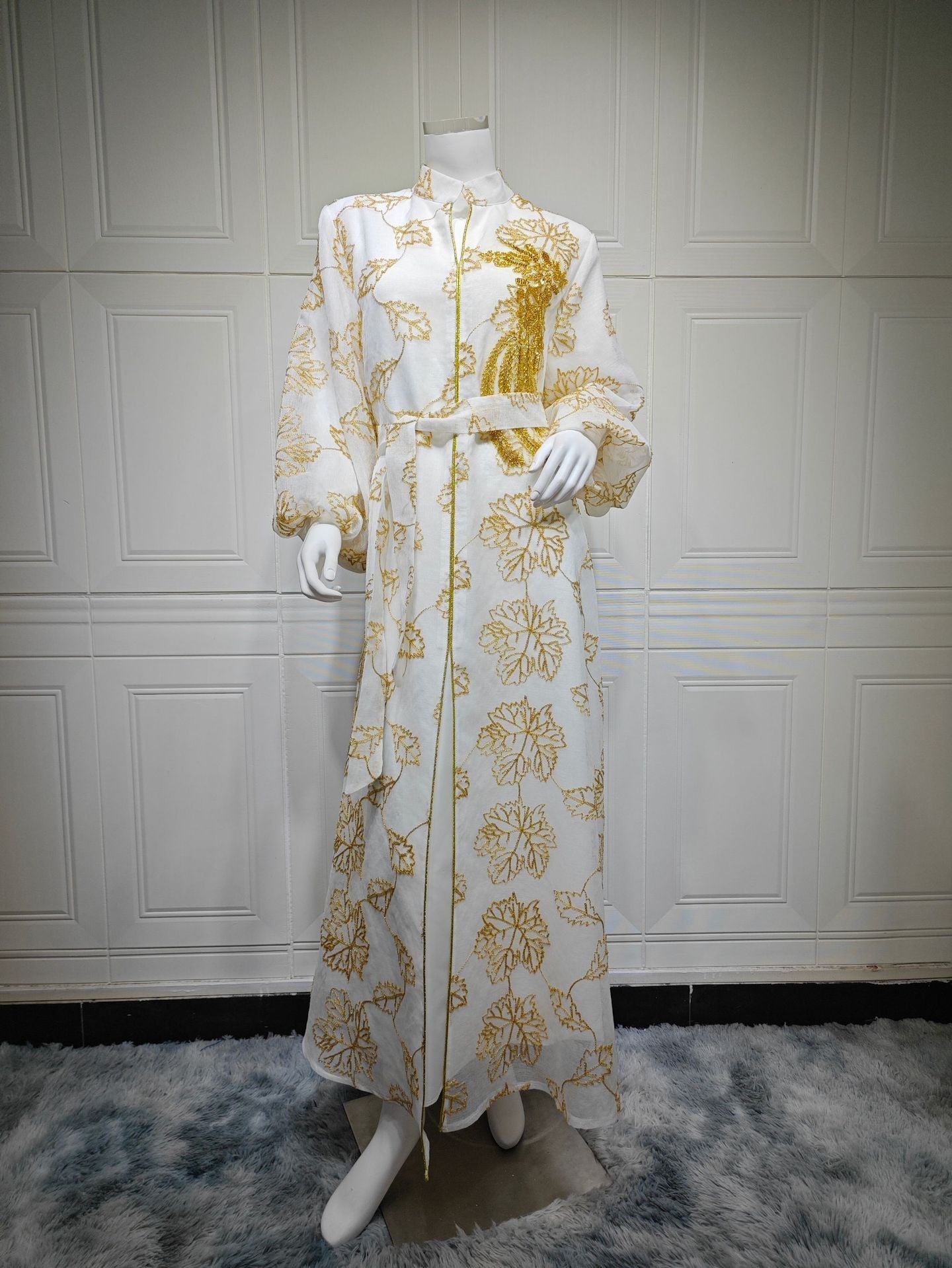 LM6651  Floral Print Long Dress, Elegant Stand-up Collar Evening Gown