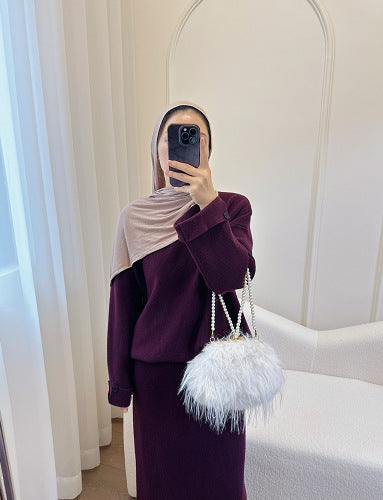LM6597 Autumn and winter thickened knitted suit solid color two-piece suit (excluding headscarf) top + skirt