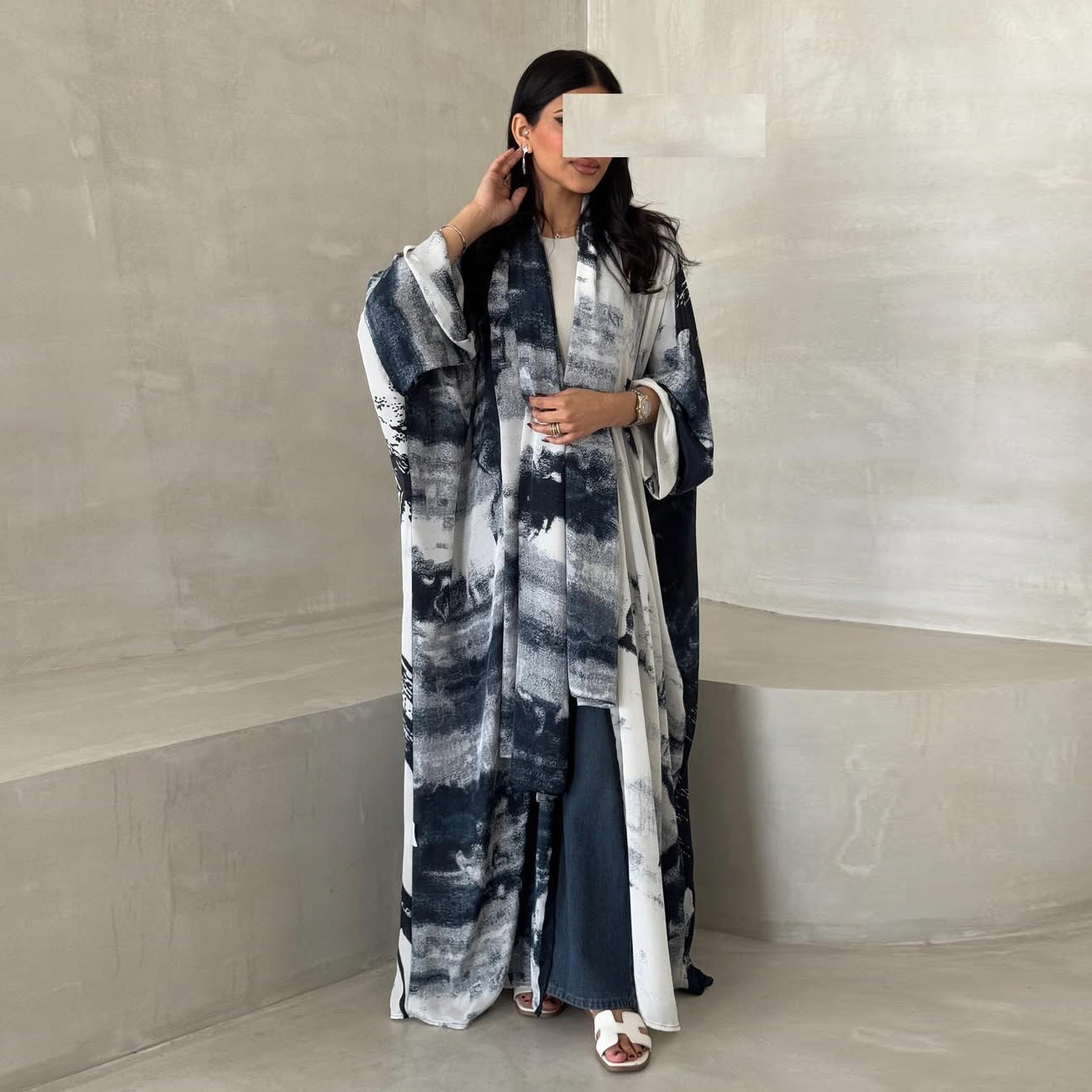 LM6638 Chiffon Printed Cardigan Two-piece Long Coat with Headscarf